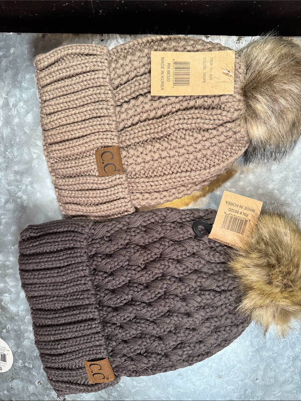 C.C Taupe & Dark Taupe Knit Beanie Pair with Faux Fur Poms
